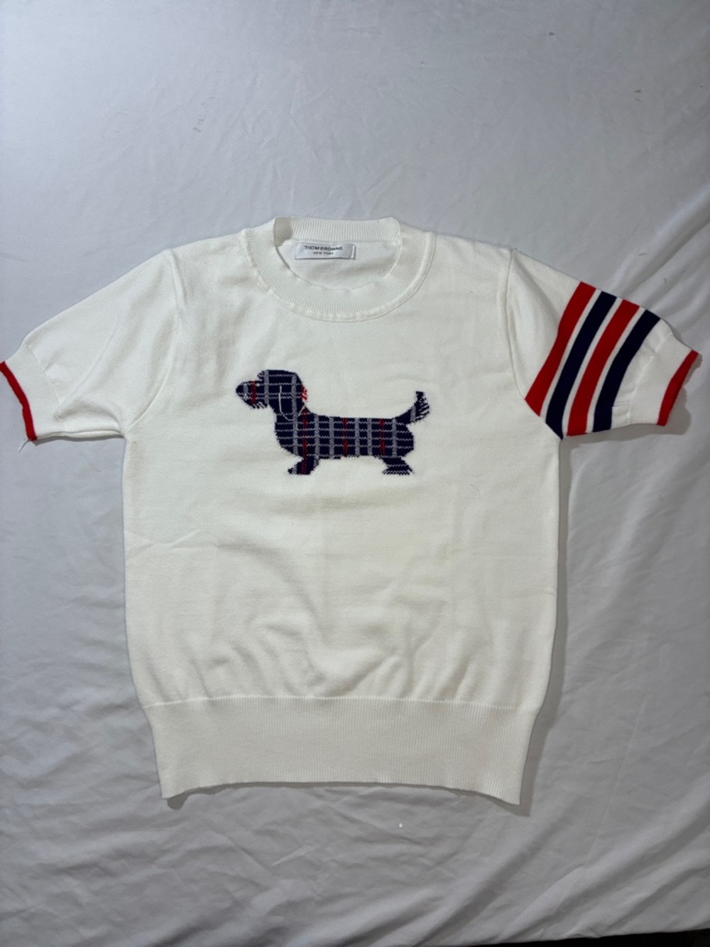 Thom Browne White Knit Tee with Navy and Red Plaid Dachshund medium